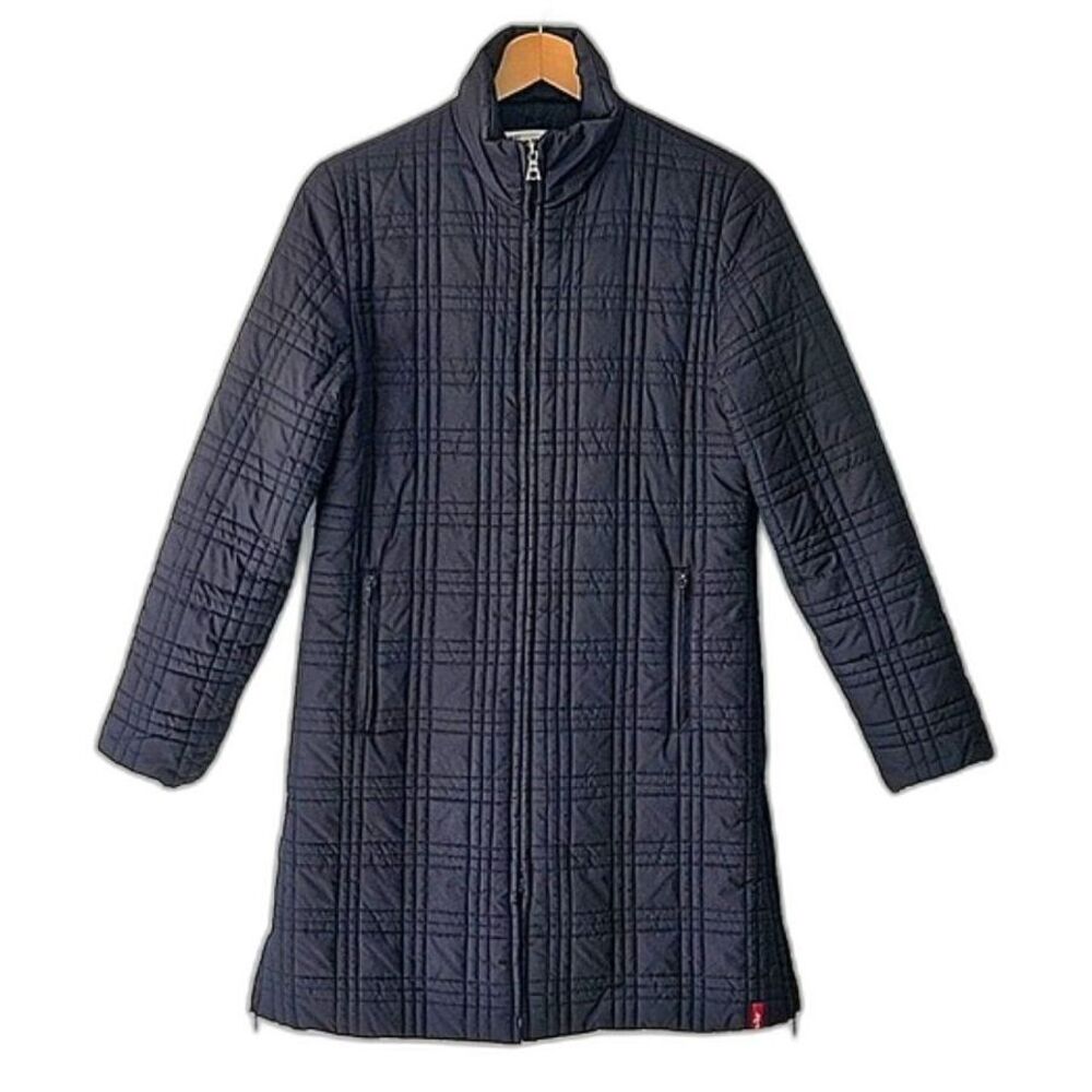 LEVI'S Black Plaid Quilted Long Puffer Coat Jacket size XS Neutral Warm Winter